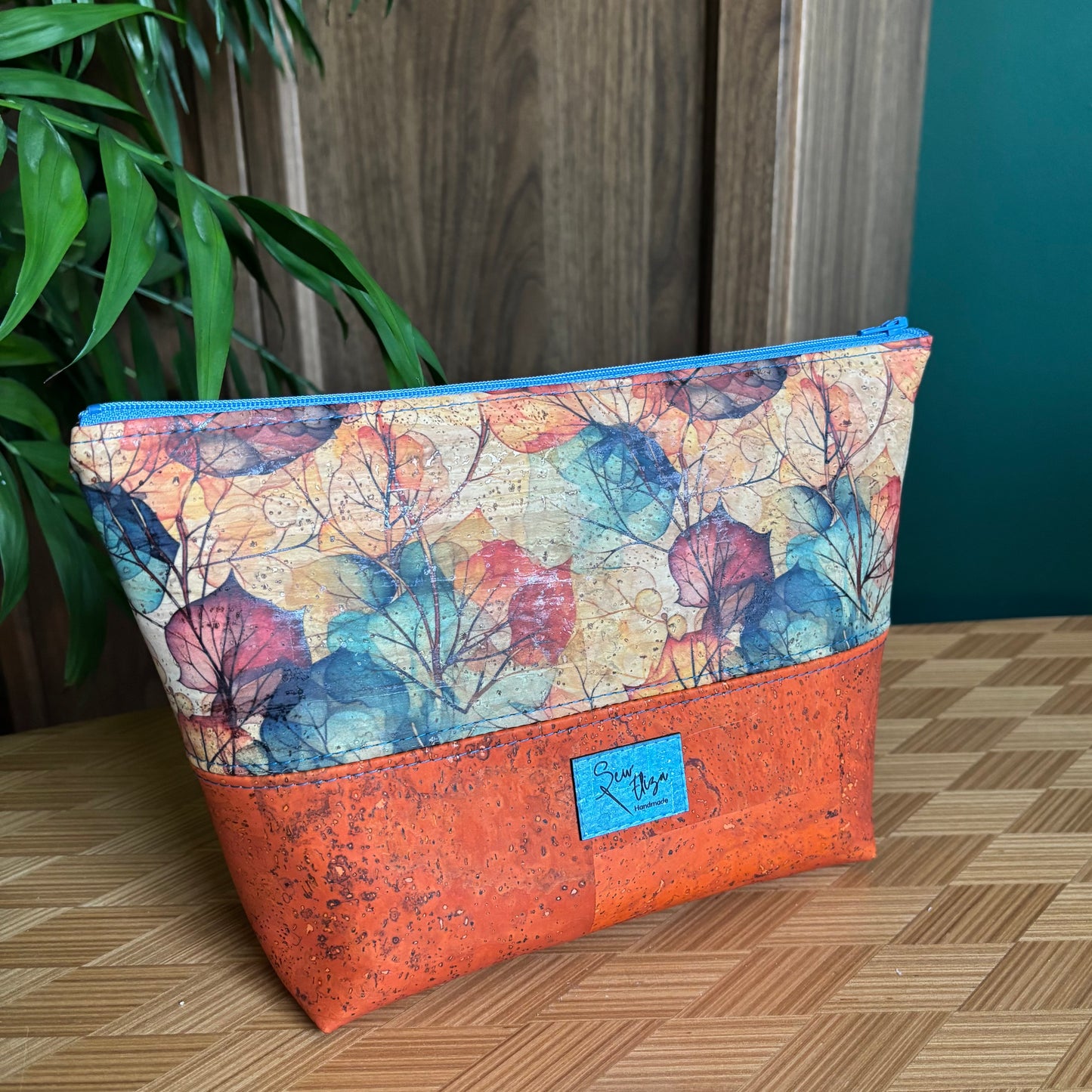 Open Wide Pouch - Medium - Printed Fall Leaves and Orange Cork