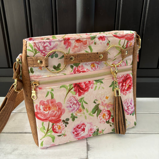 Momexa Crossbody Bag - Pink Floral Cotton and Brown Cork