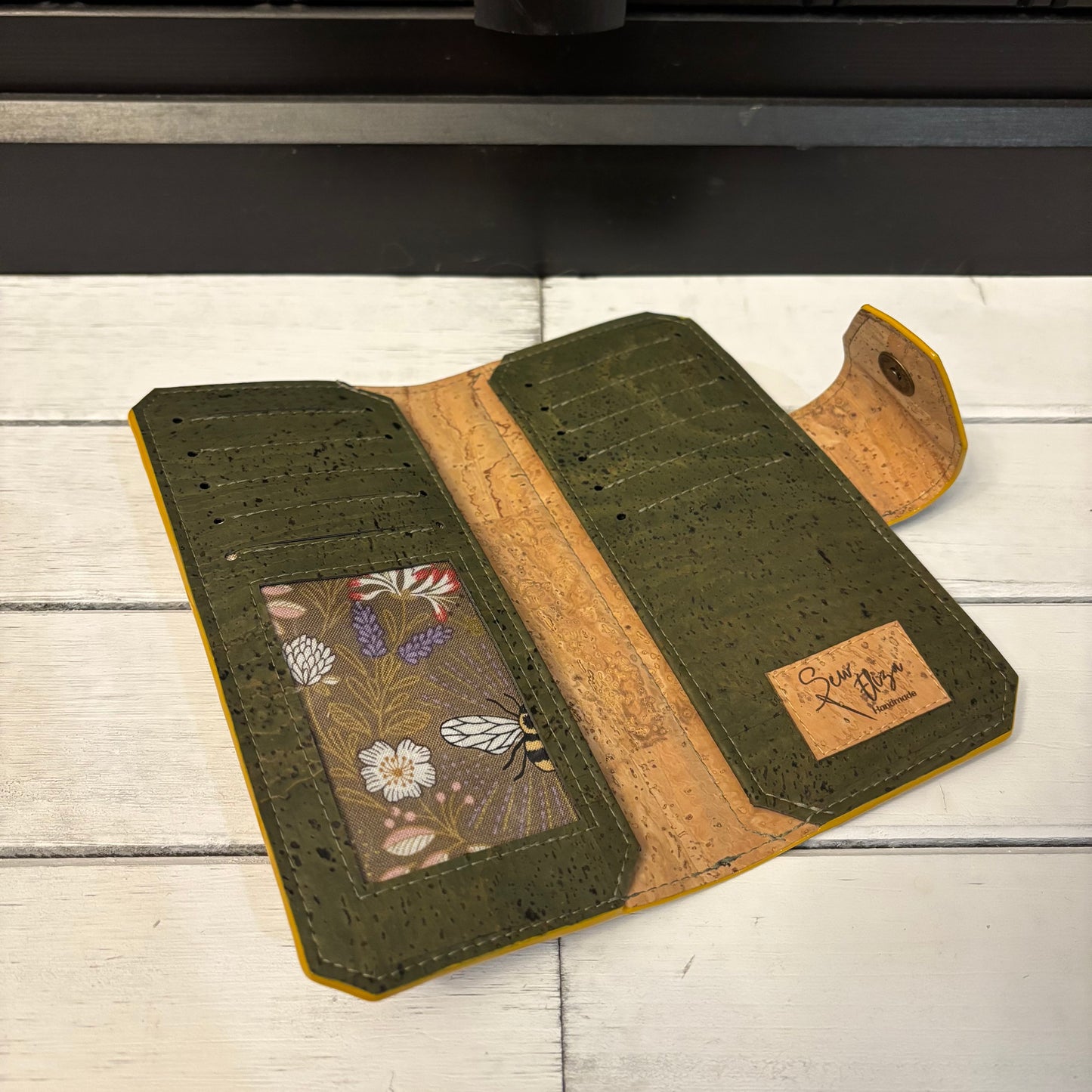 Tall Wallet - Bees and Army Green Cork