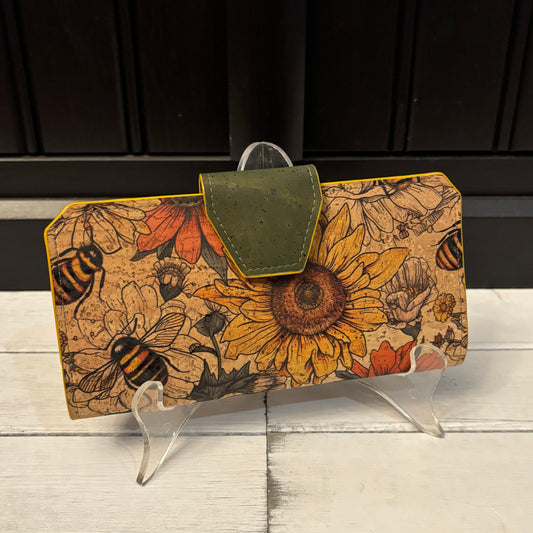 Tall Wallet - Bees and Army Green Cork