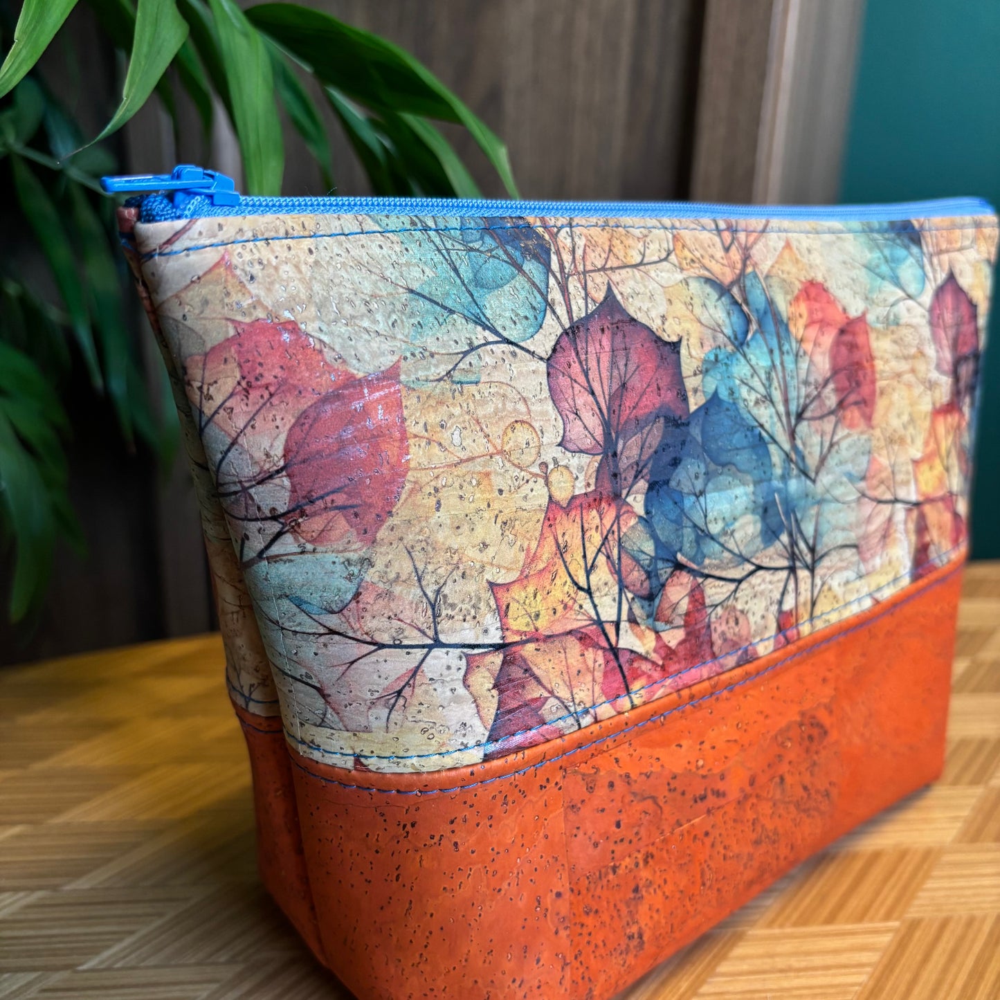Open Wide Pouch - Medium - Printed Fall Leaves and Orange Cork