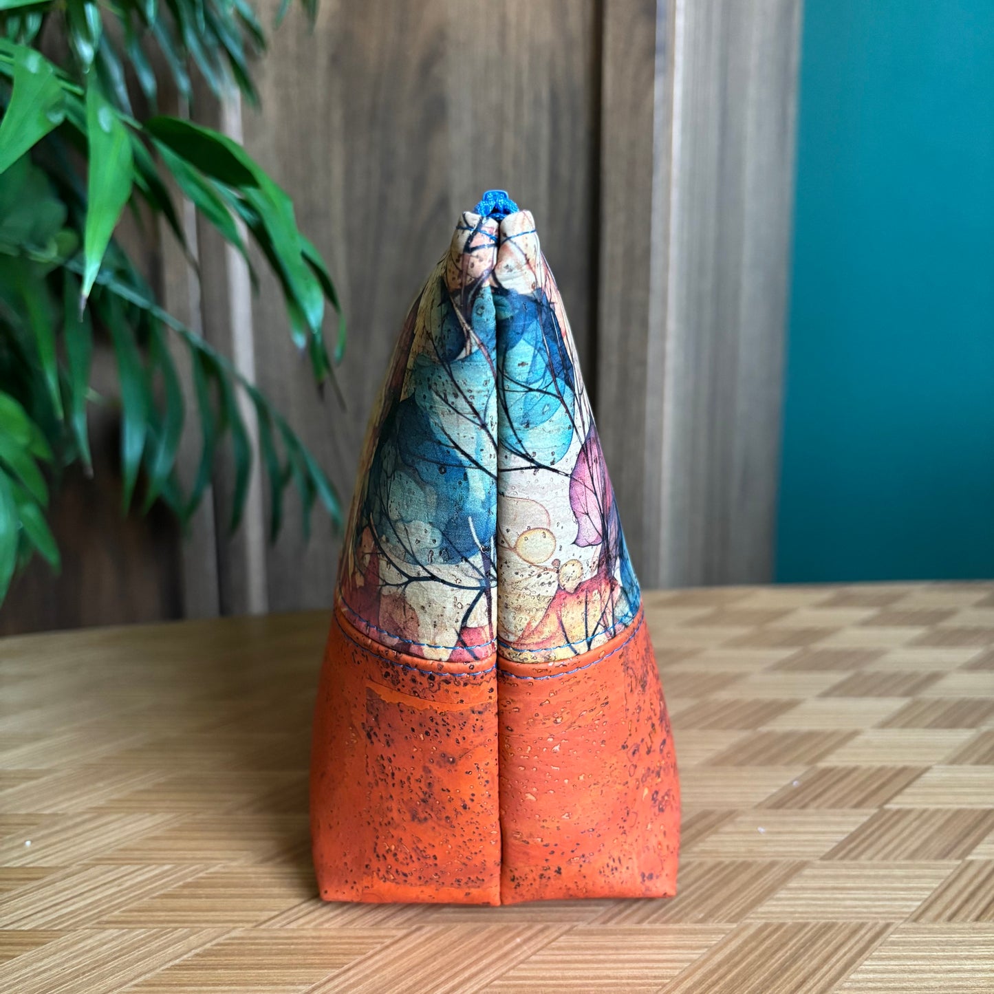 Open Wide Pouch - Medium - Printed Fall Leaves and Orange Cork