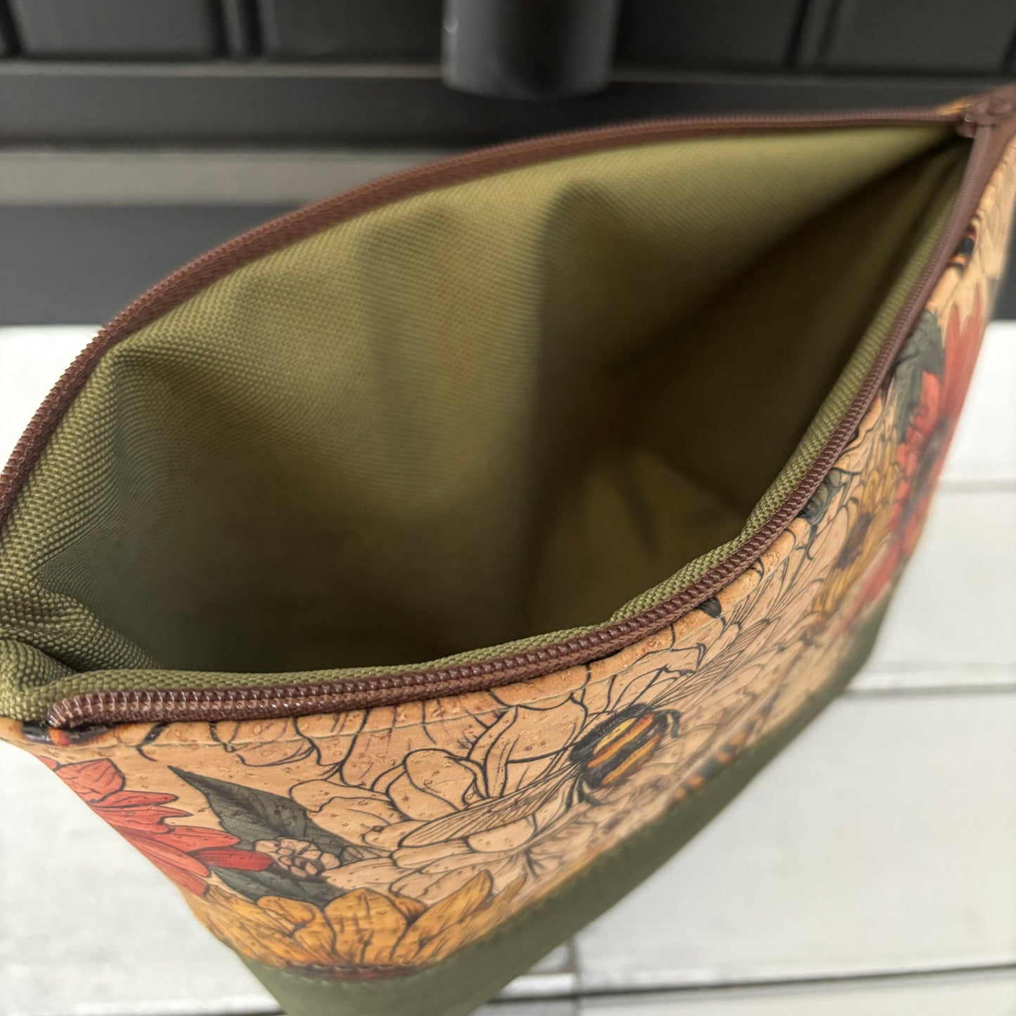 Open Wide Pouch - Small - Bees and Army Green Cork