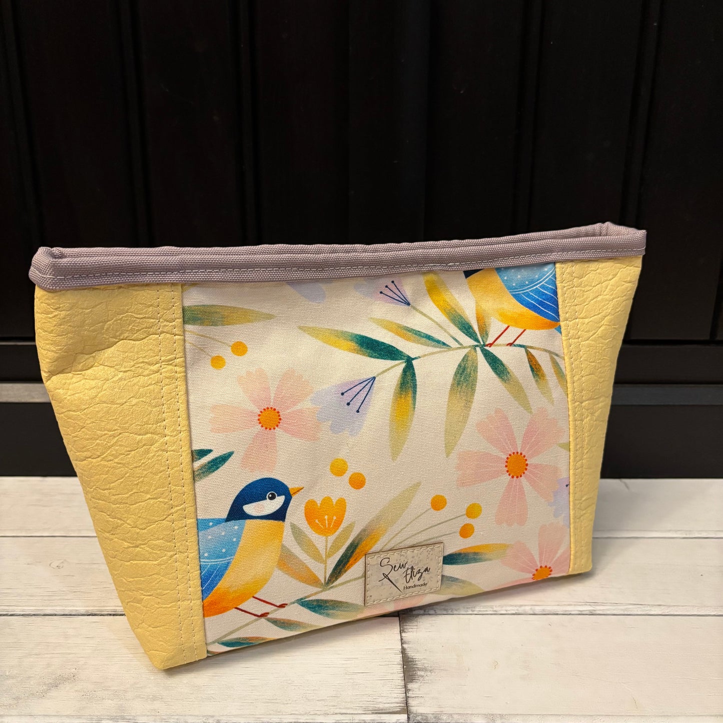 Oleander Pouch - Yellow Piñatex and Birds Waterproof Canvas