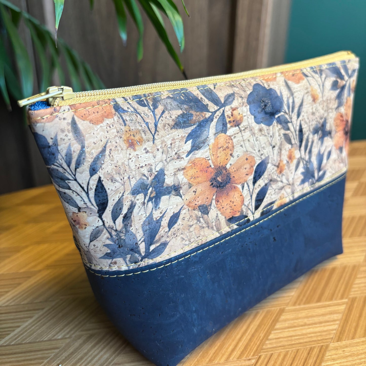 Open Wide Pouch - Small - Printed Prairie Flower and Navy Cork