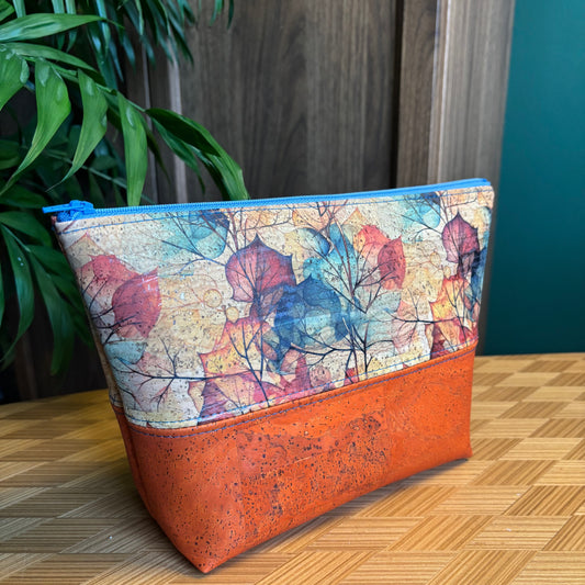 Open Wide Pouch - Medium - Printed Fall Leaves and Orange Cork