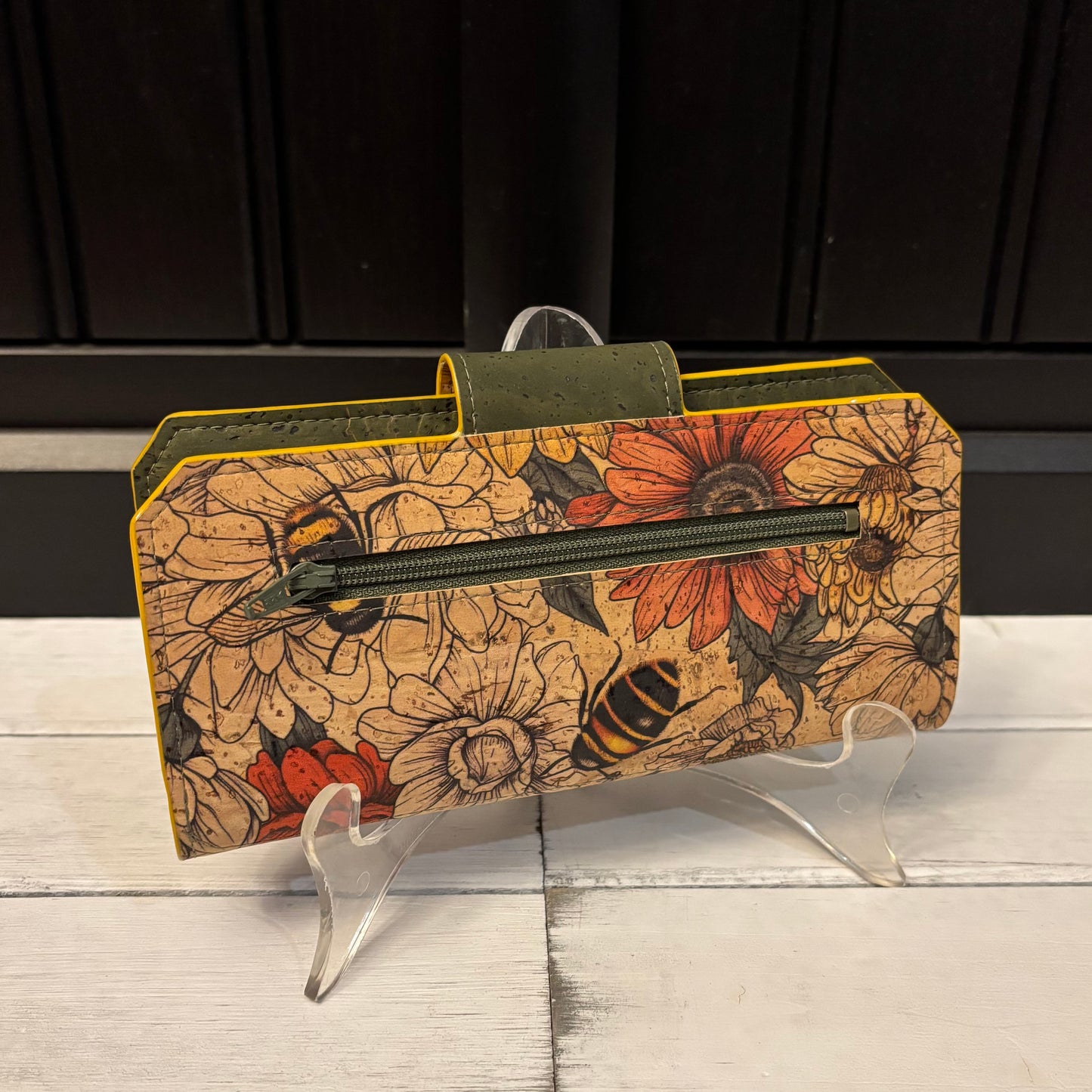 Tall Wallet - Bees and Army Green Cork