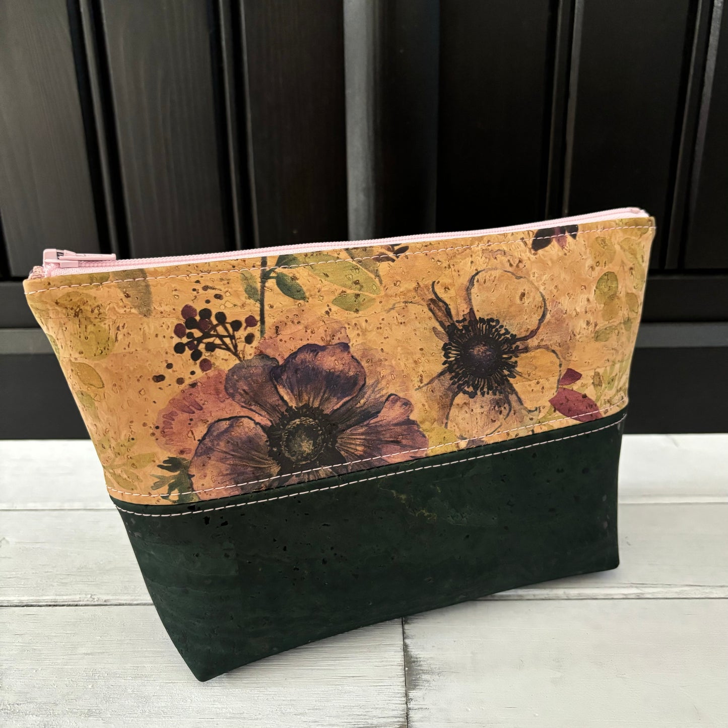 Open Wide Pouch - Small - Printed Anemone and Forest Green Cork