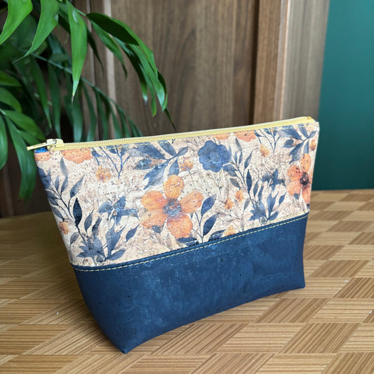 Open Wide Pouch - Small - Printed Prairie Flower and Navy Cork