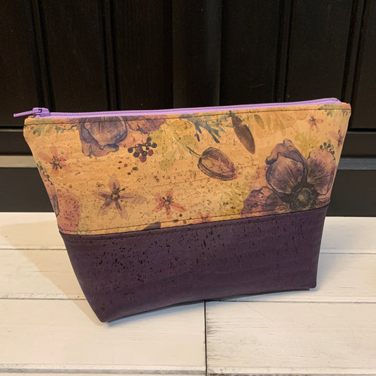 Open Wide Pouch - Small - Printed Anemone and Eggplant Cork
