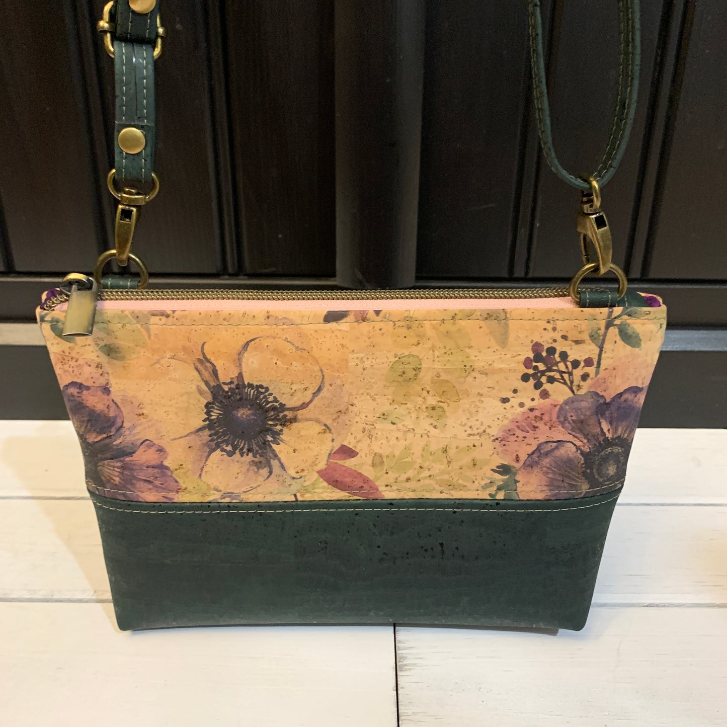 Paradigm Crossbody Bag - Printed Anemone and Forest Green Cork