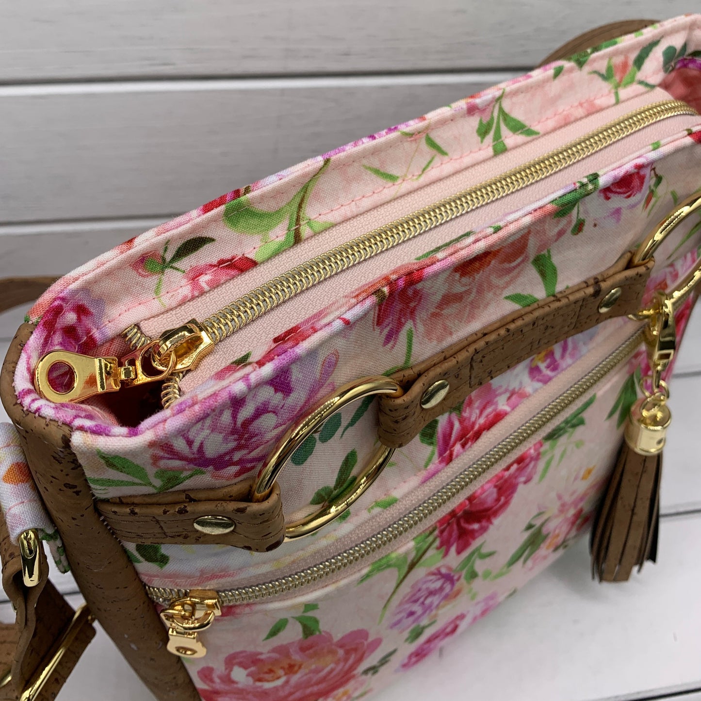 Momexa Crossbody Bag - Pink Floral Cotton and Brown Cork