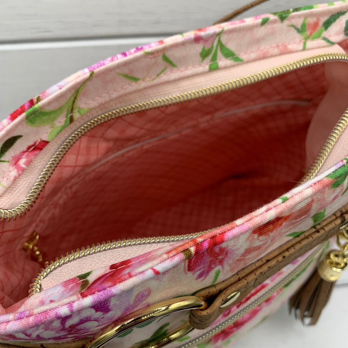 Momexa Crossbody Bag - Pink Floral Cotton and Brown Cork
