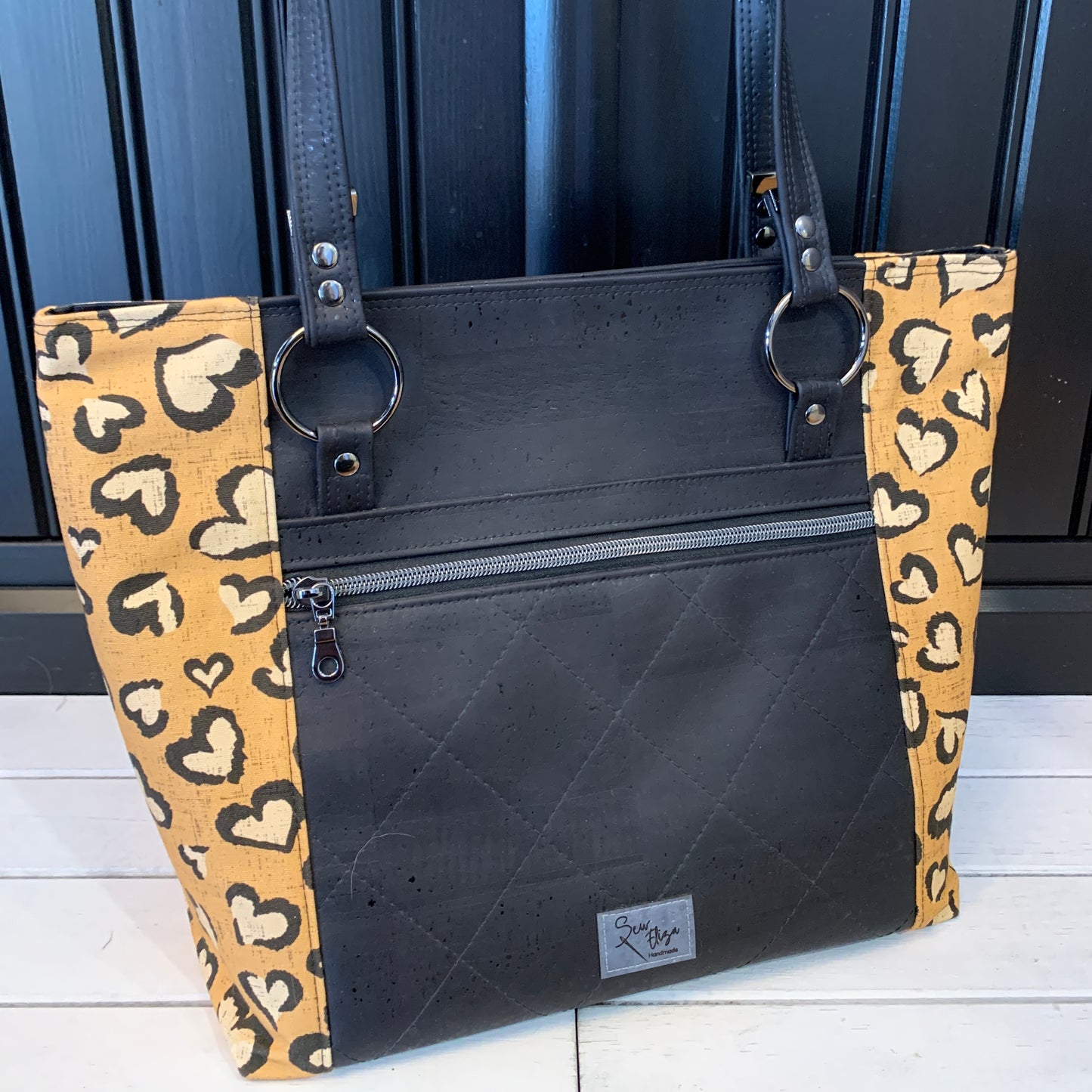 Muerqo Tote - Leopard Heart Canvas and Black Cork